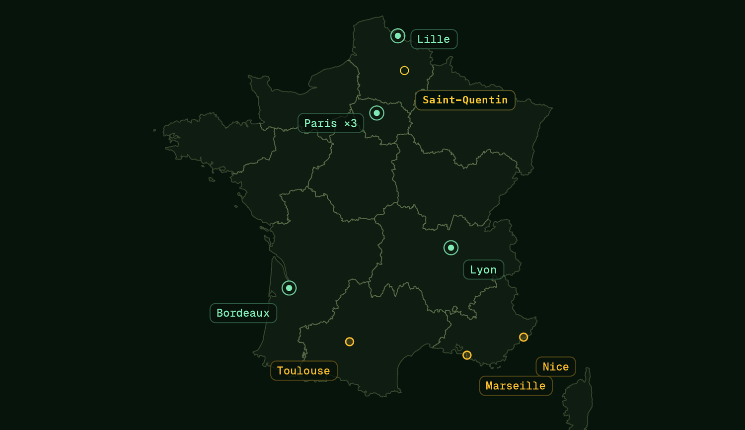 Carte des centres DermaScan en France : centres ouverts à Paris, Lyon, Bordeaux et Lille, ouvertures prévues en 2026 à Saint-Quentin, Toulouse, Marseille et Nice